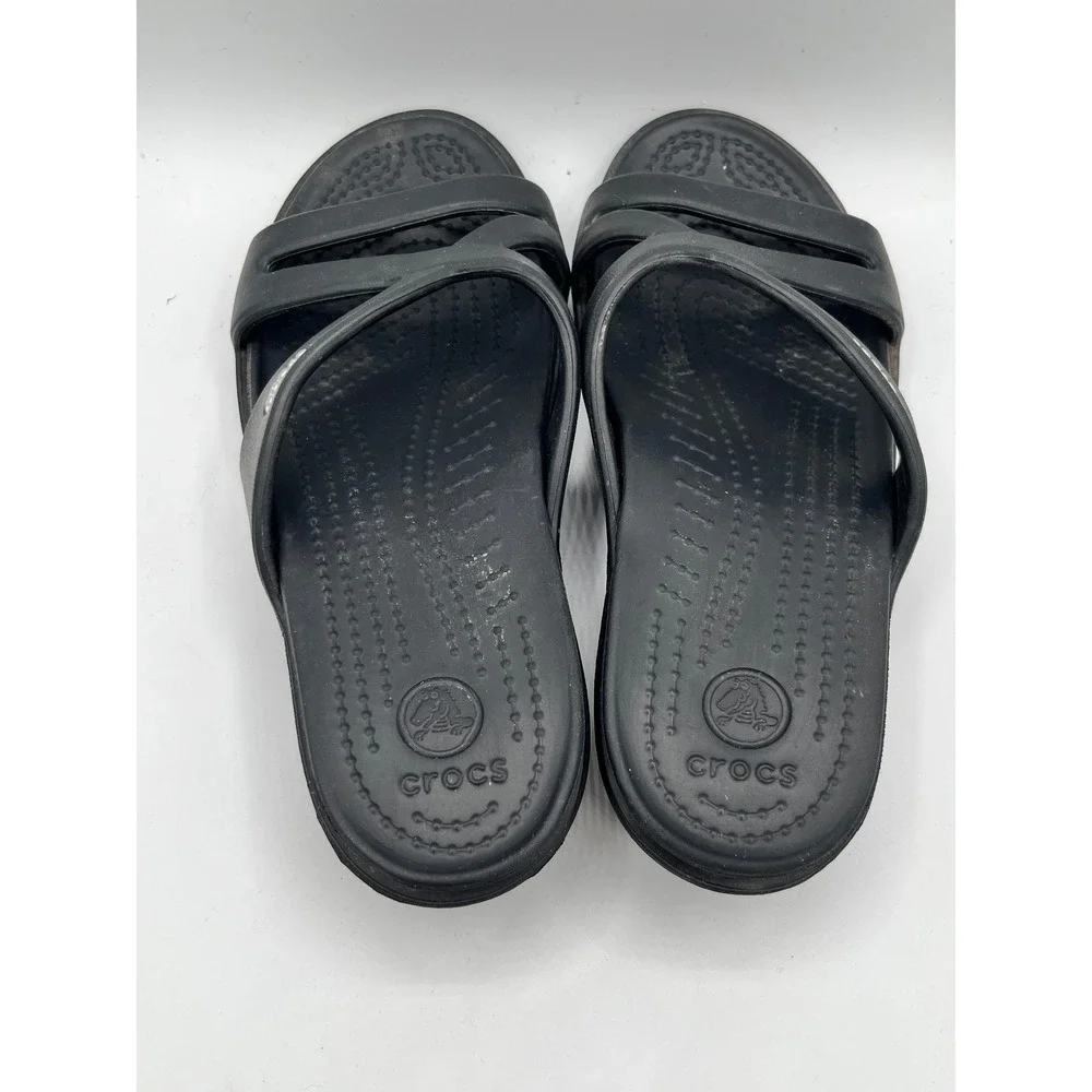 Crocs Meleen Black Strappy Wedge Sandals Women Size 6 Slip On Comfort Shoes